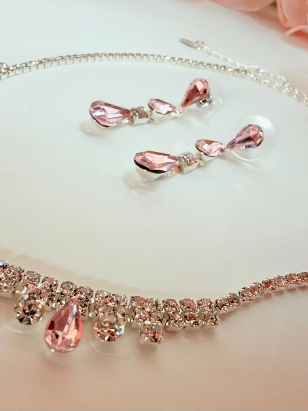 Pink Teardrop Crystal Necklace and Earring Set